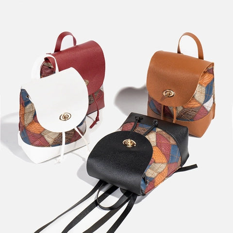 Sac à Dos De Mode Pour Femmes Et Petit Sac à Main Colorblock Motif Losange Cuir PU Cordon De Serrage Fermoir Pivotant Trendy