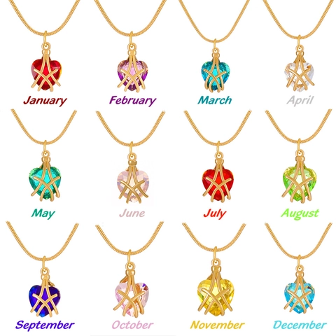 Heart Pendant Necklace Copper Gold Plated Wire Wrapped Birthstone Color Artificial Crystal Romantic Jewelry For Women