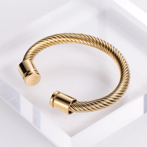 Twisted Cable Cuff Bracelet 18K Gold Plated Stainless Steel Open Adjustable Bangle For Men Women Minimalist Fashion