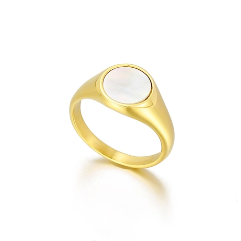Minimalist Stainless Steel Signet Ring Mother Of Artificial Pearl Shell Round Geometric Finger Jewelry For Men And Women
