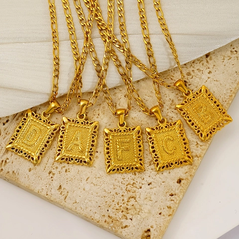 Initial Pendant Necklace 304 Stainless Steel 18K Gold Plated Rectangular Filigree Border Figaro Chain Vintage For Women Men