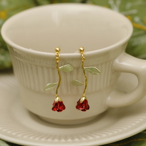 Französische Vintage Rose Blume Emaille Ohrstecker Elegante Gold Metall Weinrot Floral Ohrhänger Mit 925 Silber Stift Damen Schmuck