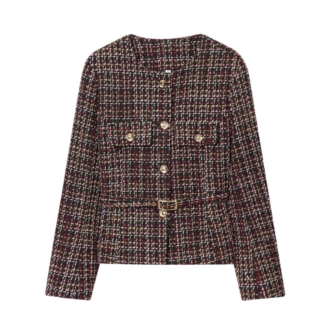 Women Short Tweed Jacket Plaid Crew Neck Long Sleeve Single Breasted Coat With Belt Elegant Vintage Outerwear