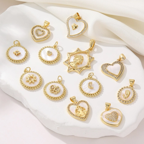 White Mother Of Artificial Pearl Heart Butterfly Moon Star Pendants Copper 14K Gold Plated Cubic Zirconia DIY Charms