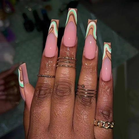 Uñas Postizas Press On Ataúd Extra Largas Onda Abstracta Estilo Francés Rosa Nude Manicura Artificial Para Mujeres
