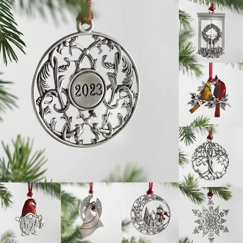 Christmas Hanging Ornaments Antique Silver Metal Tree Decorations Red Ribbon Snowflake Reindeer Angel Gnome Holiday Decor