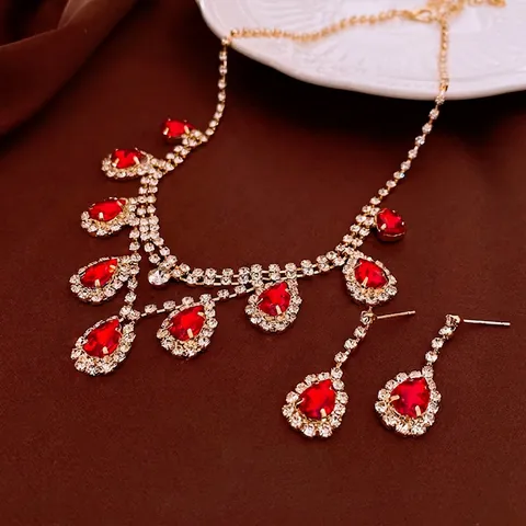 Elegant Teardrop Tassel Halskette Und Ohrringe Kupfer Strass Bunter Kristall Luxus Formelle Hochzeit Schmuck Für Frauen