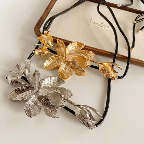 Cadena De Cintura Vintage Flor De Tulipa De Metal Grande Cinturón Mujeres Artístico Aleación Floral Decorativo Cuerda Cuero
