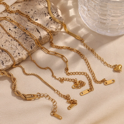 Bracelet Minimaliste en Acier Inoxydable Plaqué Or 18K pour Femmes Chaîne Figaro Trombone Serpent Corde Boîte Perle Bijoux Cadeau Réglable
