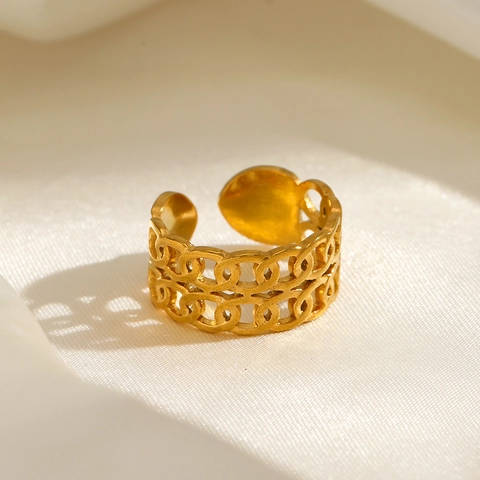 Anillo Cadena Doble Fila Acero Inoxidable Abierto Ajustable Hueco Geométrico Joyería Moda Para Mujeres