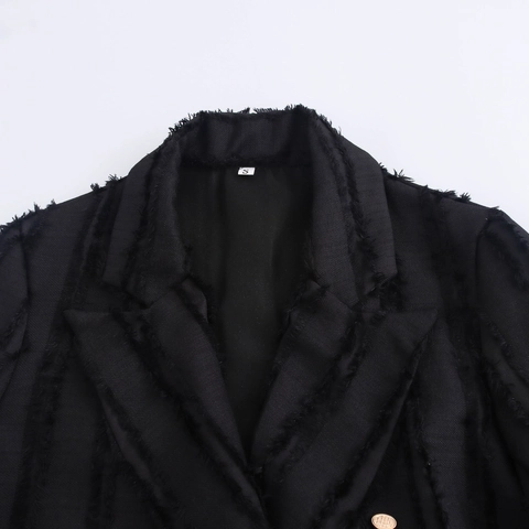 Dames Lange Double Breasted Trenchcoat Zwart Franje Ruwe Rand Streetwear Polyester Pak Jas Bovenkleding