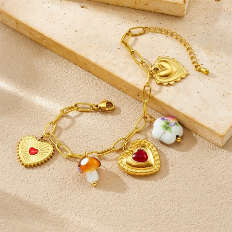 Retro Stainless Steel Jewelry Set With Heart Mushroom Ceramic Flower Charms Rhinestone Artificial Pearl Necklace Bracelet For Women