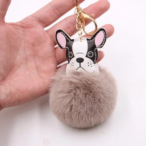 French Bulldog Pom Pom Keychain PU Leather Cartoon Dog Head Soft Faux Fur Bag Charm Decorative Accessory