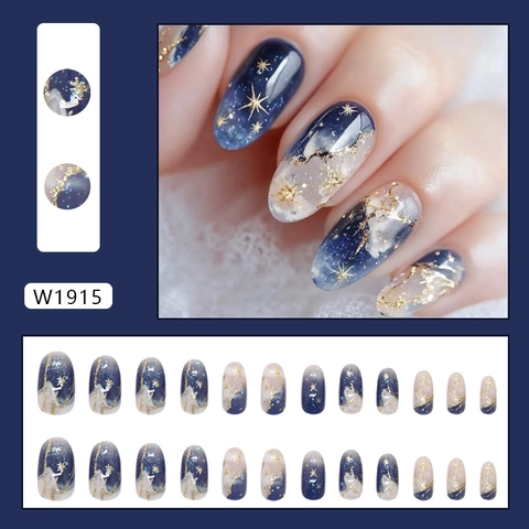 Marineblauwe Sterrenhemel Press On Nails Marmer Design Kunstnagels Voor Dames Elegant Ethereal