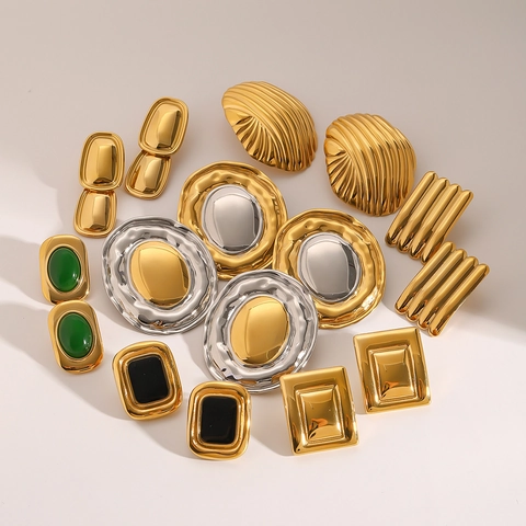 Vintage Geometrische Roestvrijstalen Oorbellen Verguld Overdreven Kattenoog Steen Studs Voor Dames Hypoallergeen