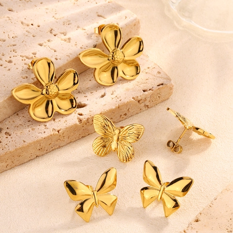 Orecchini A Perno In Acciaio Inossidabile Placcato Oro Da Donna Forme Fiori Farfalla Gioielli Moda Chic Minimalista