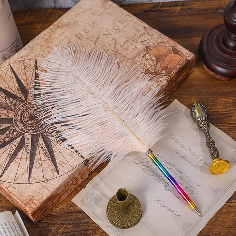 Vintage Feather Ballpoint Pen Rainbow Gradient Metal Barrel Natural Ostrich Plume Stationery Writing Wedding Gift