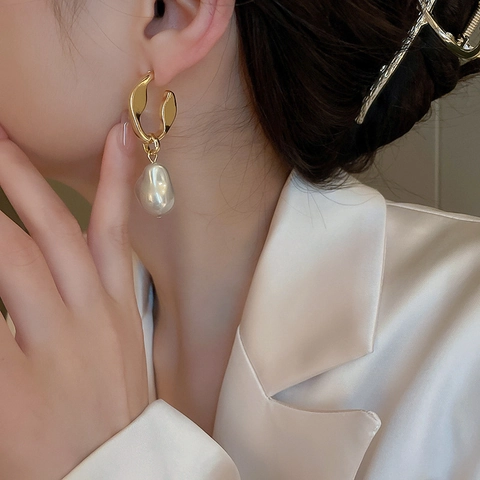 Artificial Baroque Pearl Drop Earrings Irregular Copper Metal And 925 Sterling Silver Earring Post French Retro For Women