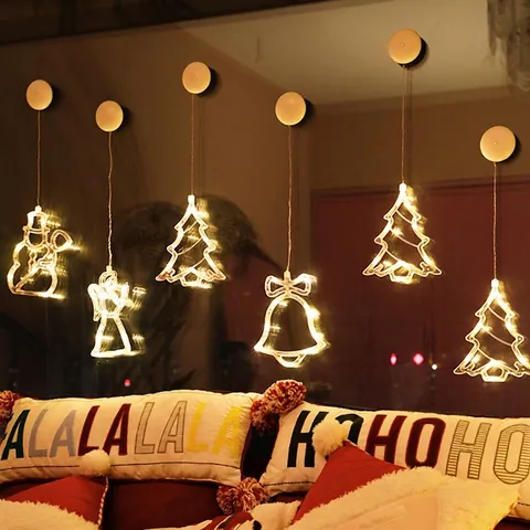 Weihnachten LED Saugnapf Lichter Weihnachtsmann Engel Stern Mond Form Warmweiß Hängende Fensterdeko Batteriebetrieben PVC Festlich