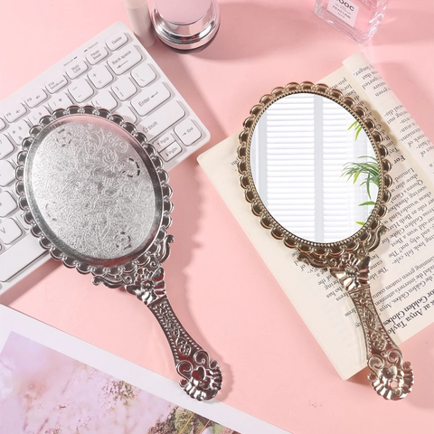 Espejo De Maquillaje De Mano Vintage Relieve Floral Ovalado ABS Galvanizado Espejo De Mano Retro Estilo Princesa Europea