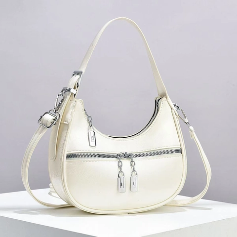 Women PU Leather Hobo Shoulder Bag Retro Crescent Purse With Silver Hardware Adjustable Strap Zipper Minimalist
