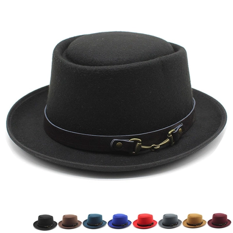 Chapeau Pork Pie Vintage En Feutre De Laine Sommet Plat Style Britannique Avec Bande En Cuir Boucle Mors En Métal Unisexe Fedora Jazz