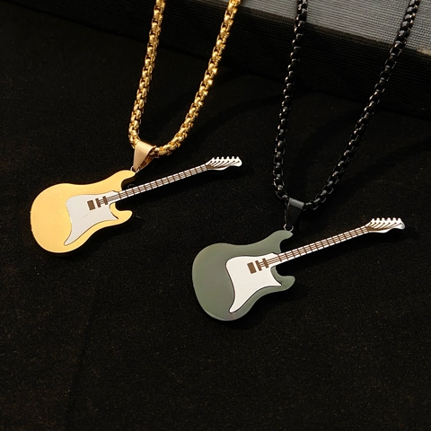 Set di Collana e Orecchini con Pendente a Forma di Chitarra Elettrica Creativa in Lega di Acciaio Inossidabile Gioielli Punk Rock per Uomo Donna