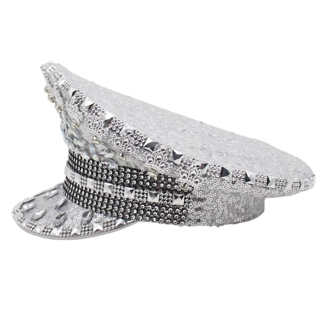 Luxury Silver Rhinestone Captain Hat With Sequins Alloy Studs Festival Military Hat For Burning Man Carnival Party