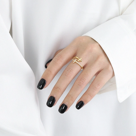 925 Sterling Silver Double Cross Open Ring For Women Minimalist Adjustable Zirconia Inlaid Fashion Jewelry