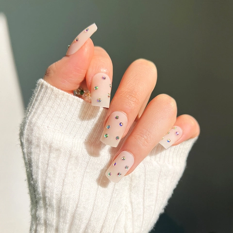 Press On Nägel Matt Nude Rosa Französischer Stil Mit Bunten Strasssteinen Elegante Künstliche Falsche Nägel
