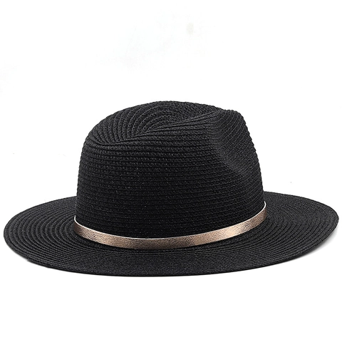 Woven Straw Fedora Hat Wide Brim Sun Protection Panama Jazz Cap With Faux Leather Belt Metal Buckle For Beach Travel