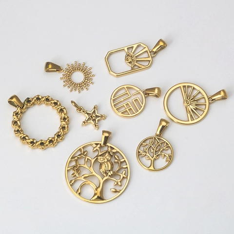 Gold Stainless Steel Pendant Charm Tree Of Life Star Owl Sun Evil Eye DIY Jewelry Making Accessories For Women Men
