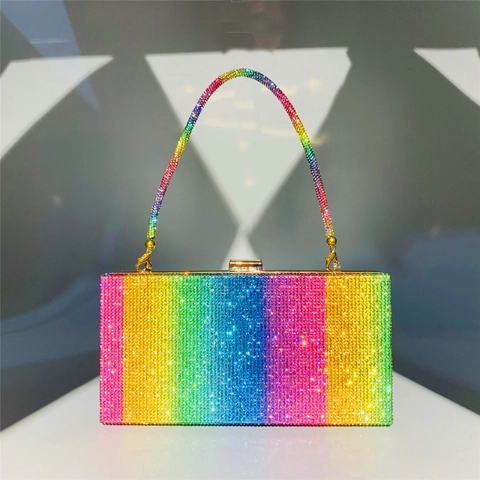 Rainbow Rhinestone Evening Clutch Bag Colorful Striped Formal Party Handbag Gold Chain Strap Women Luxury