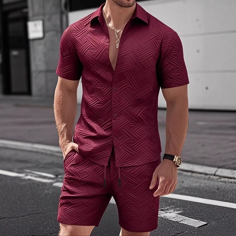 Chemise Manches Courtes Et Short Homme Jacquard Texturé Gaufre Été Décontracté Revers Boutonné Polyester Élasthanne Vêtements