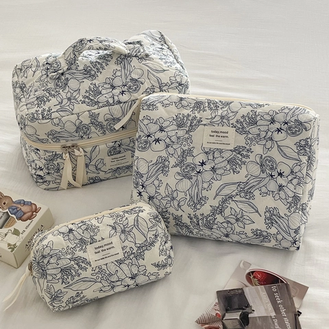 Neceser De Algodón Acolchado Con Estampado Floral Organizador De Artículos De Tocador De Viaje Portátil De Gran Capacidad