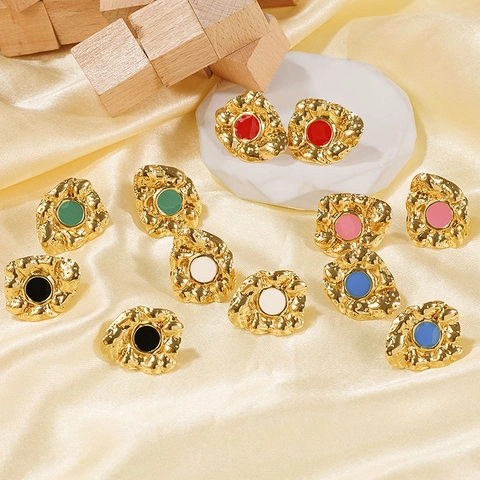 Irregular Hammered Stud Earrings 18K Gold Plated 304 Stainless Steel Colorful Enamel Vintage Fashion Jewelry For Women