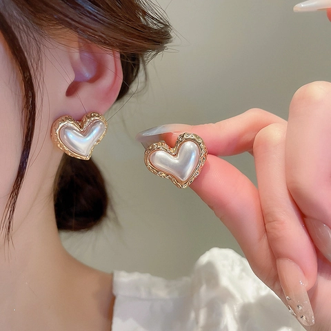 Heart Stud Earrings Copper Gold Plated Ruffled Texture With Faux Artificial Pearl And 925 Sterling Silver Earring Post For Women
