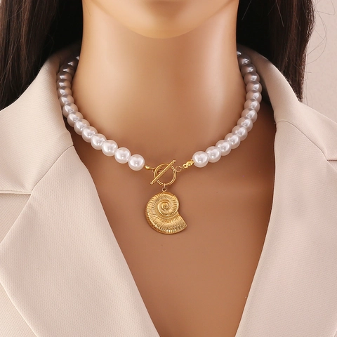 Starfish Scallop Conch Stainless Steel Faux Artificial Pearl Necklace Bracelet With T-Bar Clasp Fashion Ocean Jewelry For Women