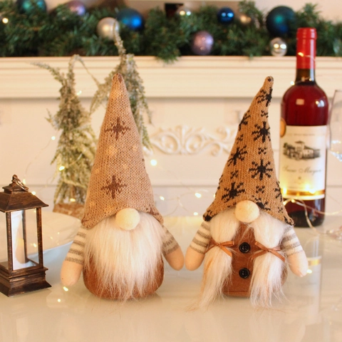 Muñeco de Peluche Gnomo Rodolfo de Navidad con Gorro de Nieve de Punto Adorno de Muñeco sin Rostro para Hogar Fiesta Marrón