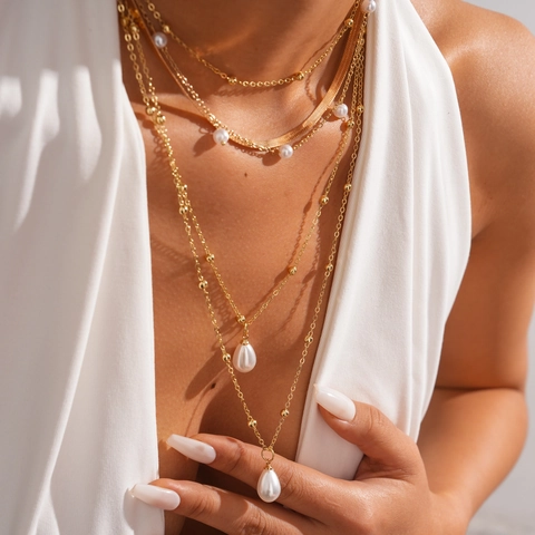 Collier Multicouche Pour Femme Vintage Faux Künstliche Perle Pendentif Goutte D'eau Cuivre Fer Chaîne Serpent Collier Pull Bijoux Élégants