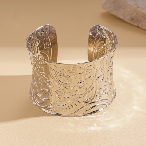 Vintage Metall Breiter Offener Armreif Geprägtes Blumen Paisley Muster Bohemian Ethno Stil Verstellbarer Armband Für Damen