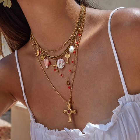 Collana Con Croce Gothic Punk Acciaio Inossidabile Placcato Oro 18K Ciondoli Multistrato Vintage Estetica Cuore Perla Artificial Angelo