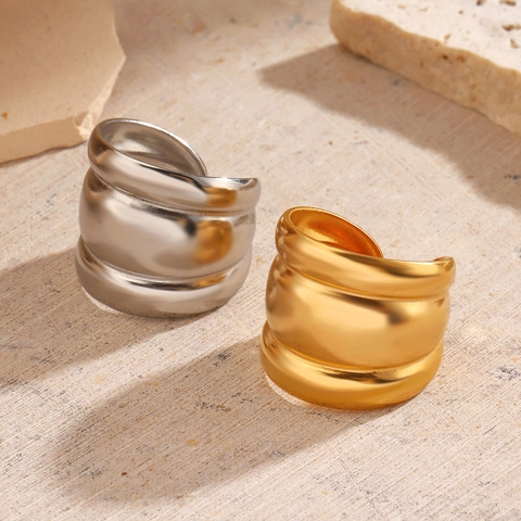 Anillo Ancho De Ola De Acero Inoxidable Chapado En Oro De 18K Ajustable Grueso Minimalista Joyería Hip Hop De Moda