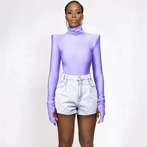 High Neck Long Sleeve Bodysuit With Padded Shoulders And Thumb Hole Cuffs Solid Color Slim Fit Fashion For Women