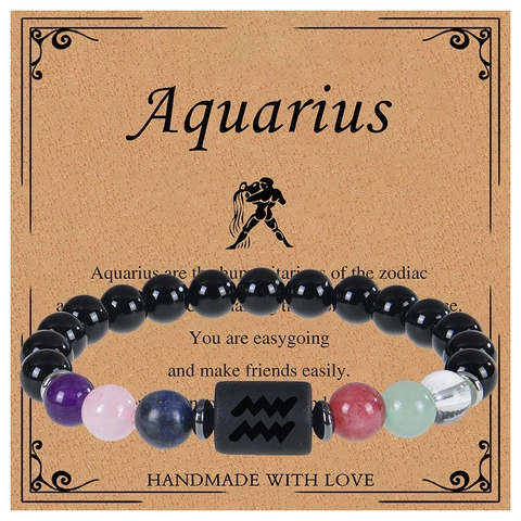 Bracciale in Pietra Naturale Ossidiana 12 Segni Zodiacali Perline Fatto a Mano Gioielli Curativi in Cristallo per Uomo Donna