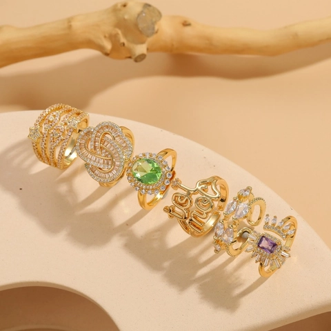 Mode Koper 14K Vergulde Zirconia Glas Geometrisch Verstelbare Open Ring Niche Ontwerp Lichte Luxe Vingerring Voor Dames Sieraden