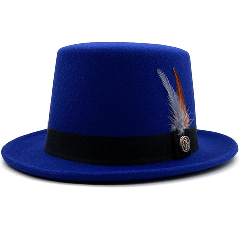 Cappello A Cilindro Piatto In Feltro Di Lana Con Piuma E Bottone Ad Ancora Stile Vintage Britannico Per Uomo E Donna