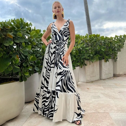 Costume Da Bagno Intero Da Donna Con Scollo A V Profondo E Gonna Lunga A Strati Stampa Zebra Moda Mare Vacanza