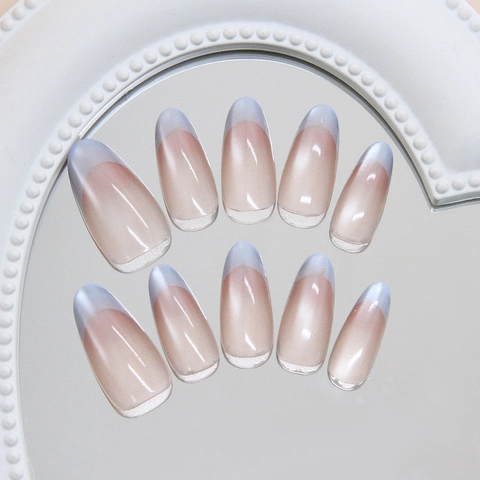 Handmade Press On Nails Almond Shape French Gradient Cat Eye Artificial Pearl Luster ABS Plastic For Women Elegant Manicure