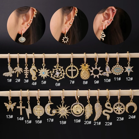 Orecchini A Cerchio In Rame Placcati Oro Con Pendenti In Zircone Farfalla Croce Sole Luna Serpente Gioielli Di Moda Donna